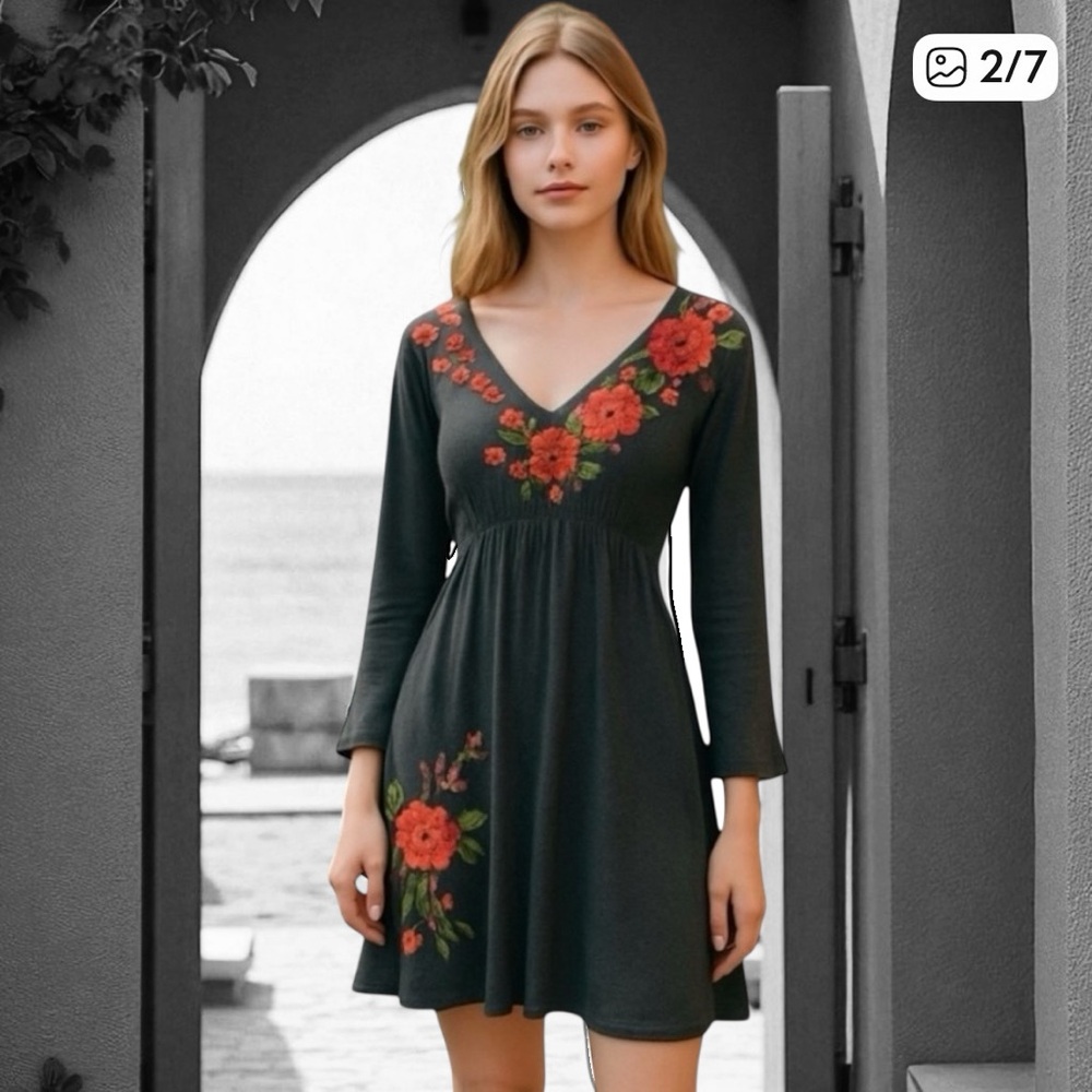 Johnny Was Gray Dress with Red and Pink Floral Embroidery Size: M - Picture 2 of 8